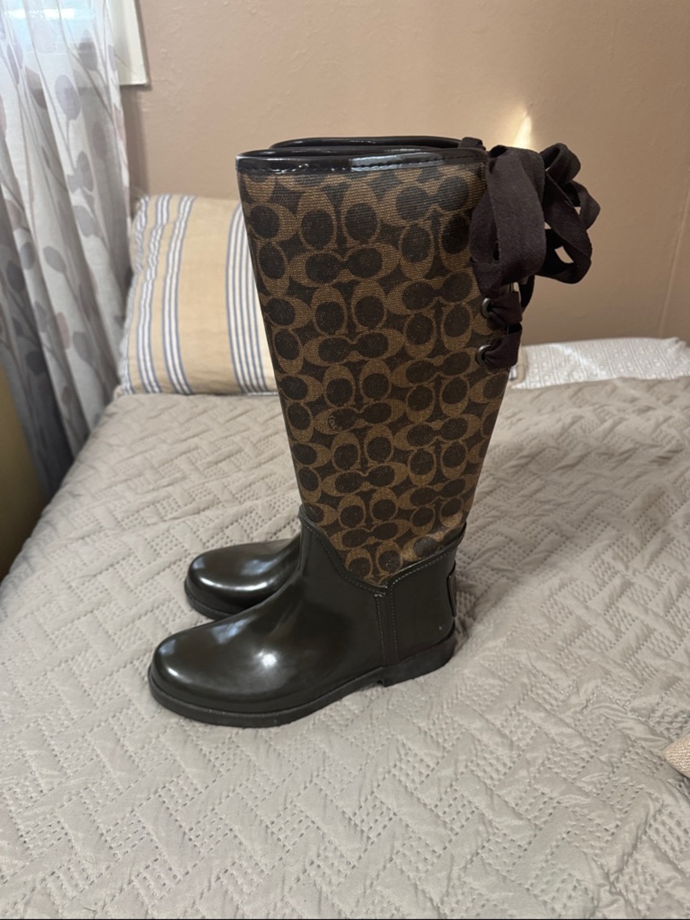Coach Brown Signature Pattern Tall Rain Boots with Ribbon Back